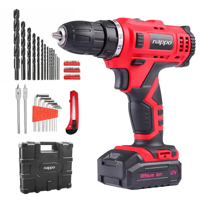 Taladro Inalámbrico nарро NHK-041 con 2 Velocidades Batería Recargable 12V Maletín + Accesorios 78 Piezas